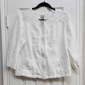 Chico's White Linen 3/4 Sleeve Jacket, Size 2 (12/14)